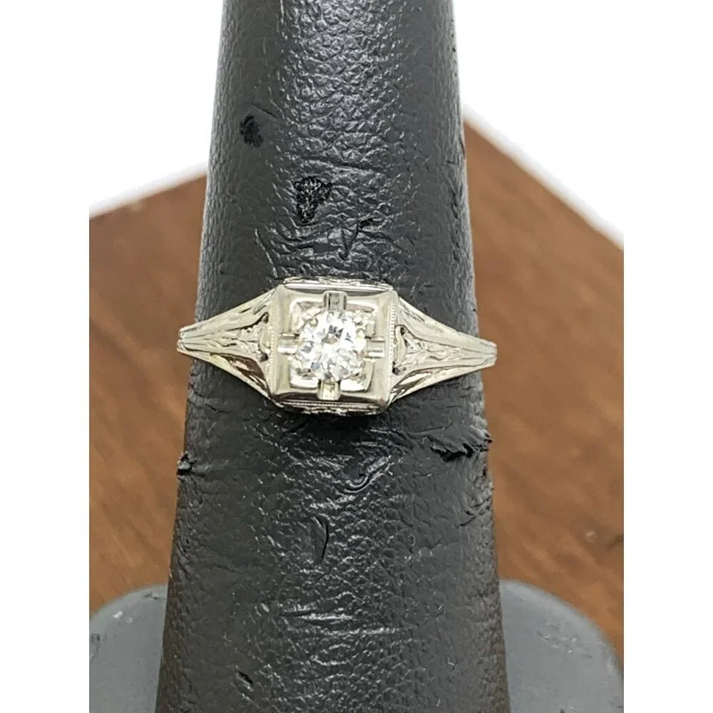 18k White Gold Filigree Diamond Ring 0.25 Carat Antique Estate Jewelry Size 7